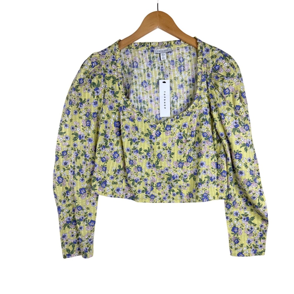 New Topshop Floral Print Long‎ Puff Sleeve Crop Top size 8 Yellow/Purple